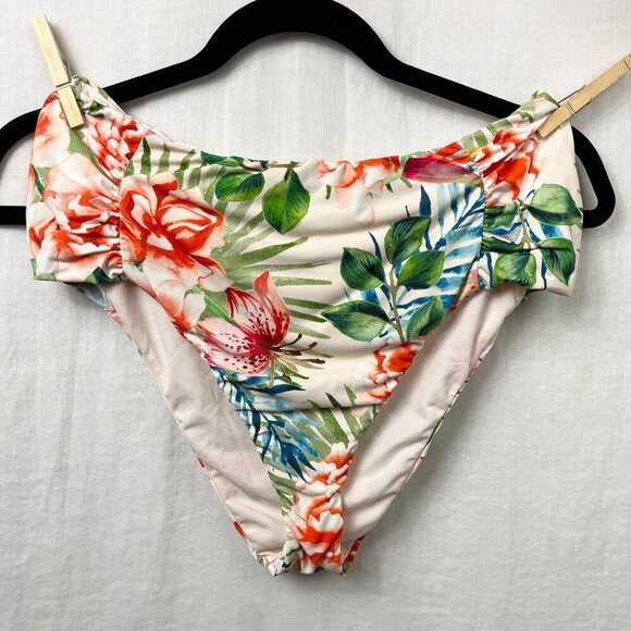 Lucky Brand High Waist Ruched Bikini Bottoms Womens L Tropical Floral Hawaiian - Picture 1 of 8